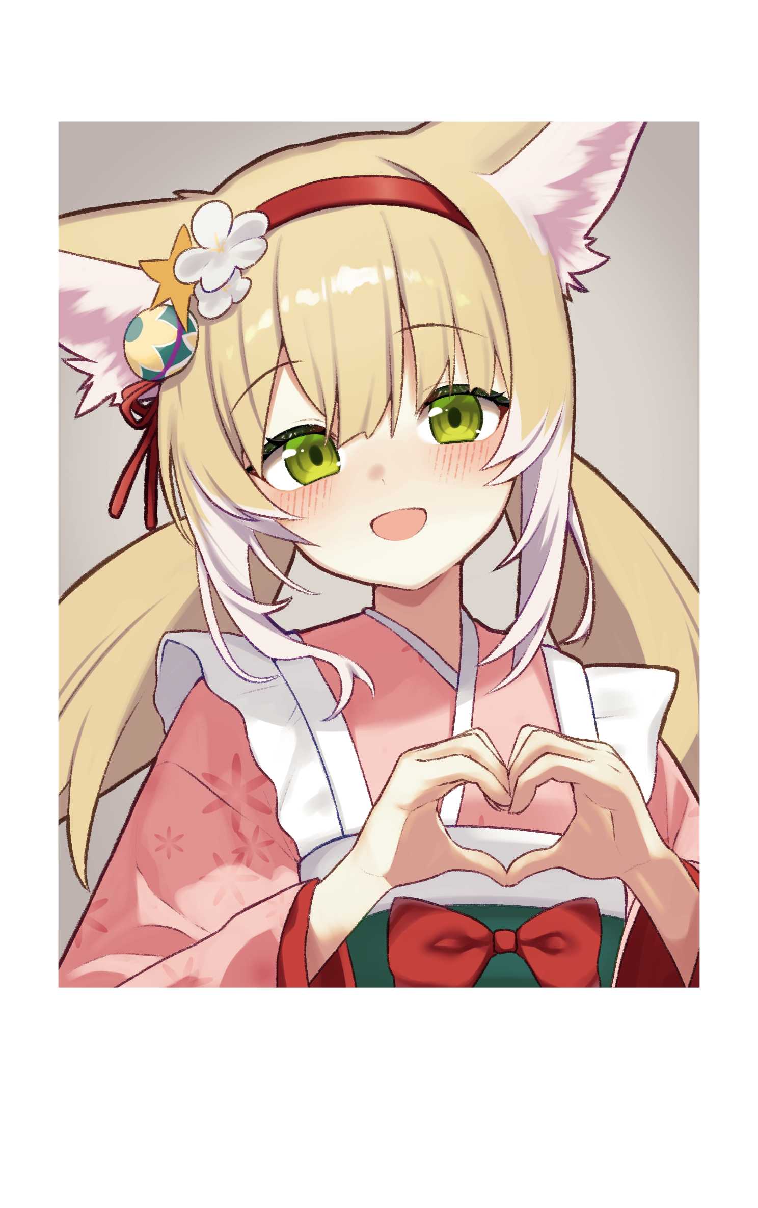 dr.lamina, suzuran (arknights), suzuran (yukibare) (arknights), arknights, commentary request, highres, 1girl, :d, animal ear fluff, animal ears, apron, blonde hair, bow, dot nose, flower, fox ears, fox girl, green eyes, hair flower, hair ornament, hairband, heart, heart hands, japanese clothes, kimono, long hair, looking at viewer, open mouth, pink kimono, polaroid photo, red bow, red hairband, red ribbon, ribbon, simple background, smile, solo, upper body, white flower