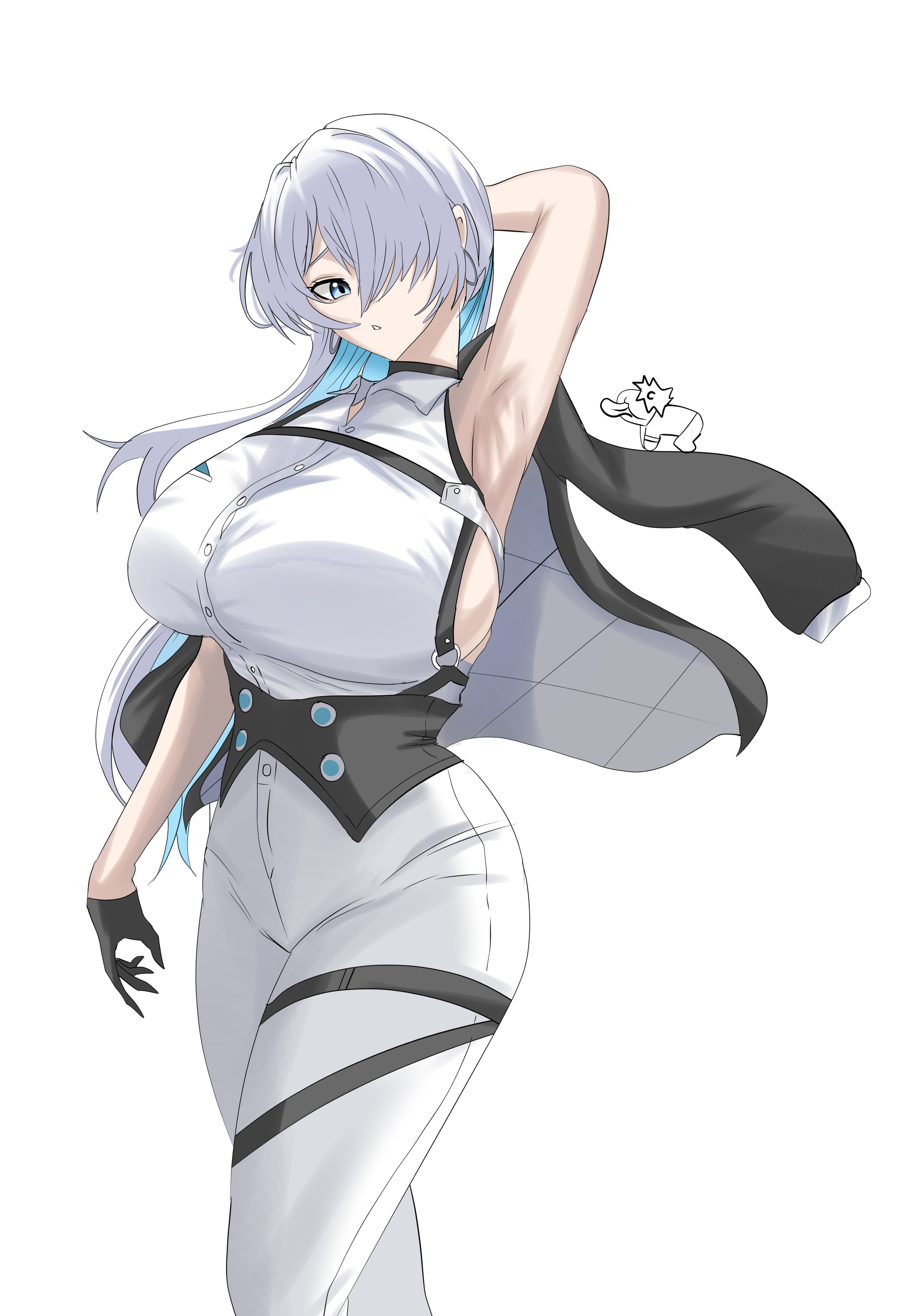 ddop (gfga7577), brid (nikke), brid (silent track) (nikke), dorothy (nikke), goddess of victory: nikke, absurdres, highres, 1girl, armpits, blue eyes, blue hair, breasts, chest harness, colored inner hair, corset, grey hair, harness, jacket, jacket on shoulders, large breasts, multicolored hair, pants, sideless shirt, simple background, solo, tight clothes, tight pants, white background, white pants