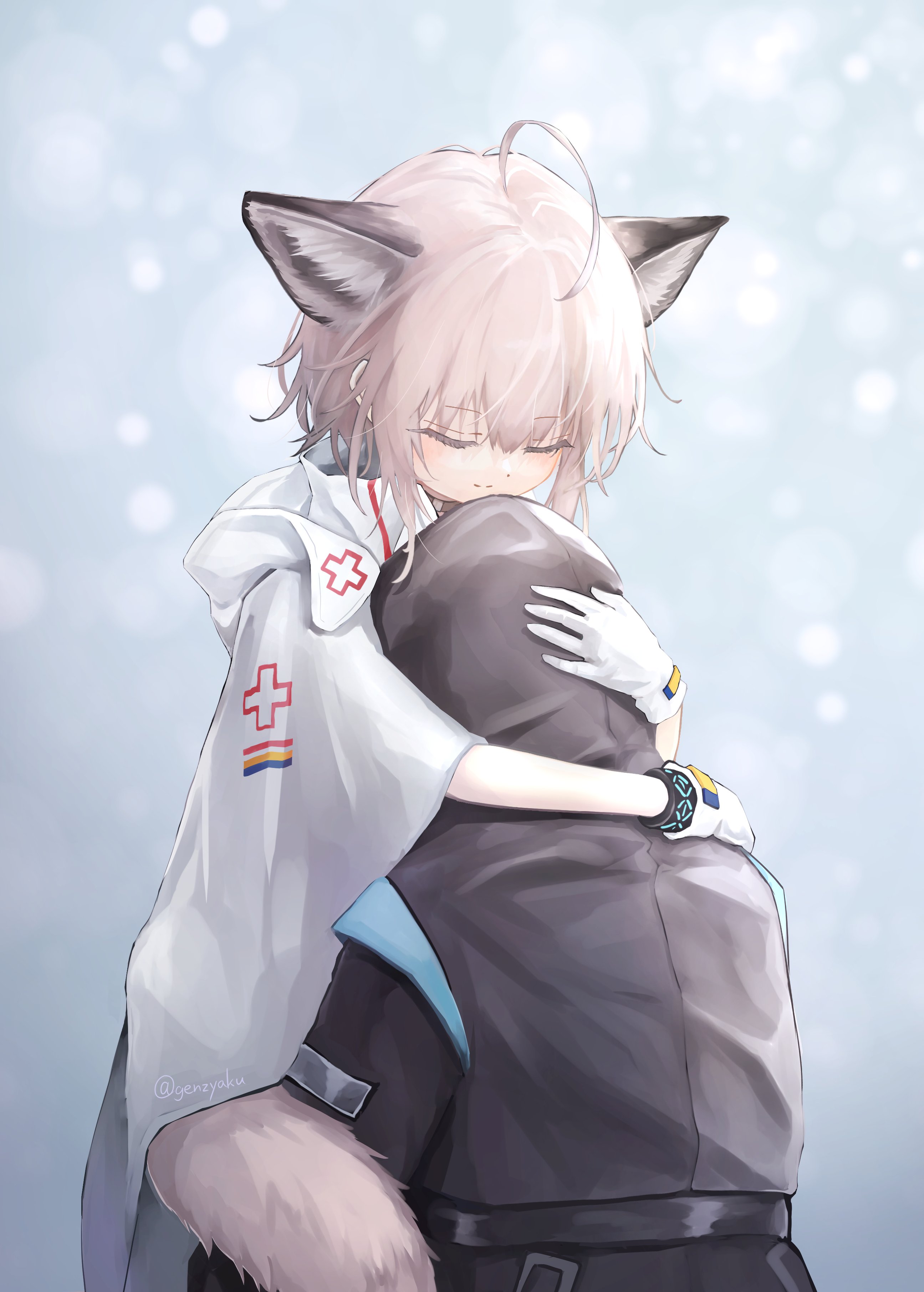 genjaku, doctor (arknights), sussurro (arknights), arknights, absurdres, highres, 1girl, 1other, ahoge, animal ears, closed eyes, fox ears, fox tail, gloves, hood, hug, tail, white gloves