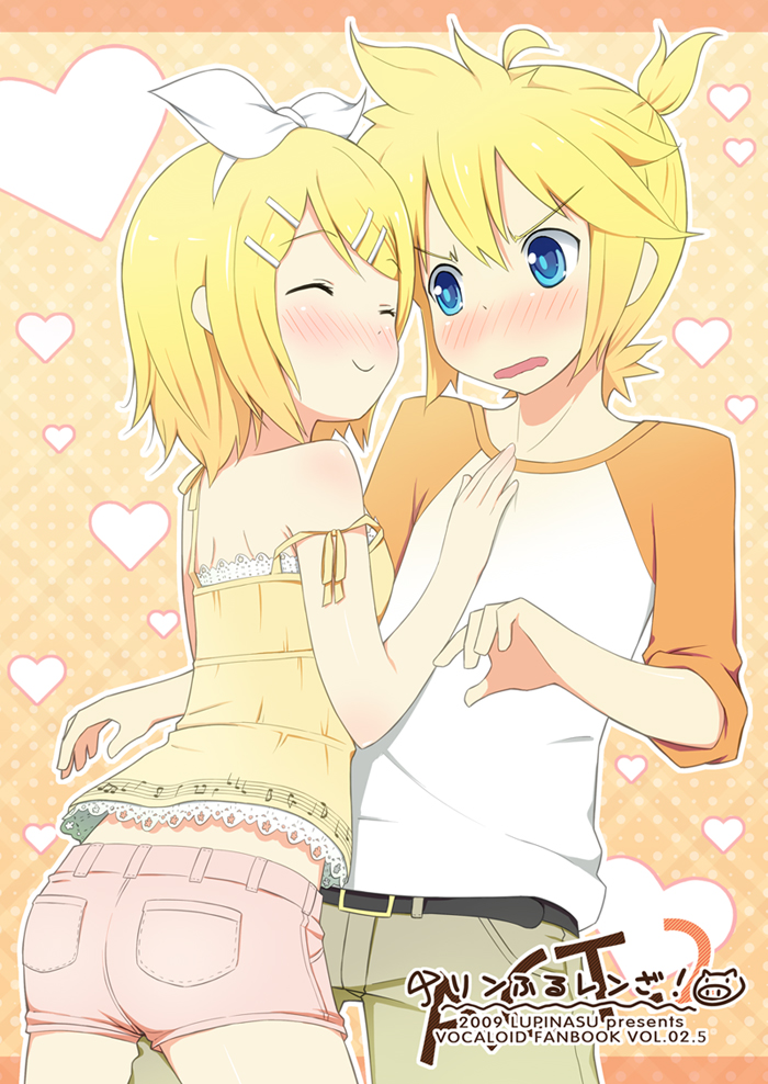 tsukina (artist), kagamine len, kagamine rin, vocaloid, 1boy, 1girl, blonde hair, blue eyes, blush, brother and sister, casual, hair ornament, hair ribbon, hairclip, heart, ribbon, short hair, shorts, siblings, smile, strap slip, twins