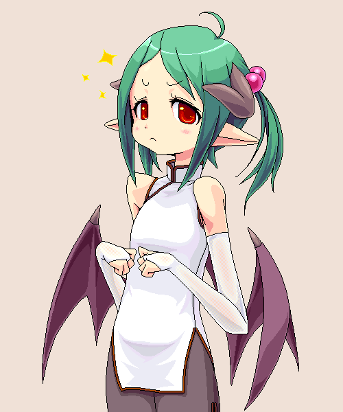 yuuki (silent moon), original, bat wings, bridal gauntlets, demon girl, green hair, grey horns, horns, pantyhose, pointy ears, white bridal gauntlets, wings