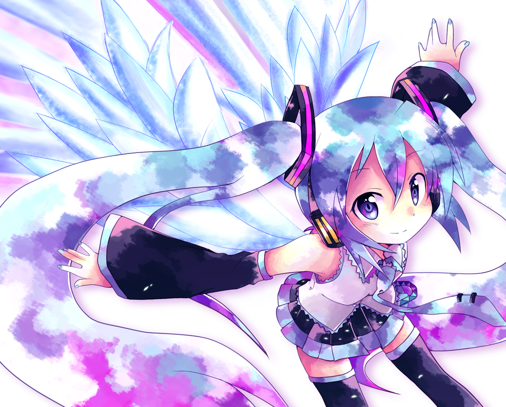 massala, hatsune miku, vocaloid, bad id, bad pixiv id, 1girl, aqua eyes, aqua hair, blue nails, blush, detached sleeves, female focus, headphones, long hair, nail polish, necktie, simple background, skirt, smile, solo, thighhighs, twintails, very long hair, wings, zettai ryouiki