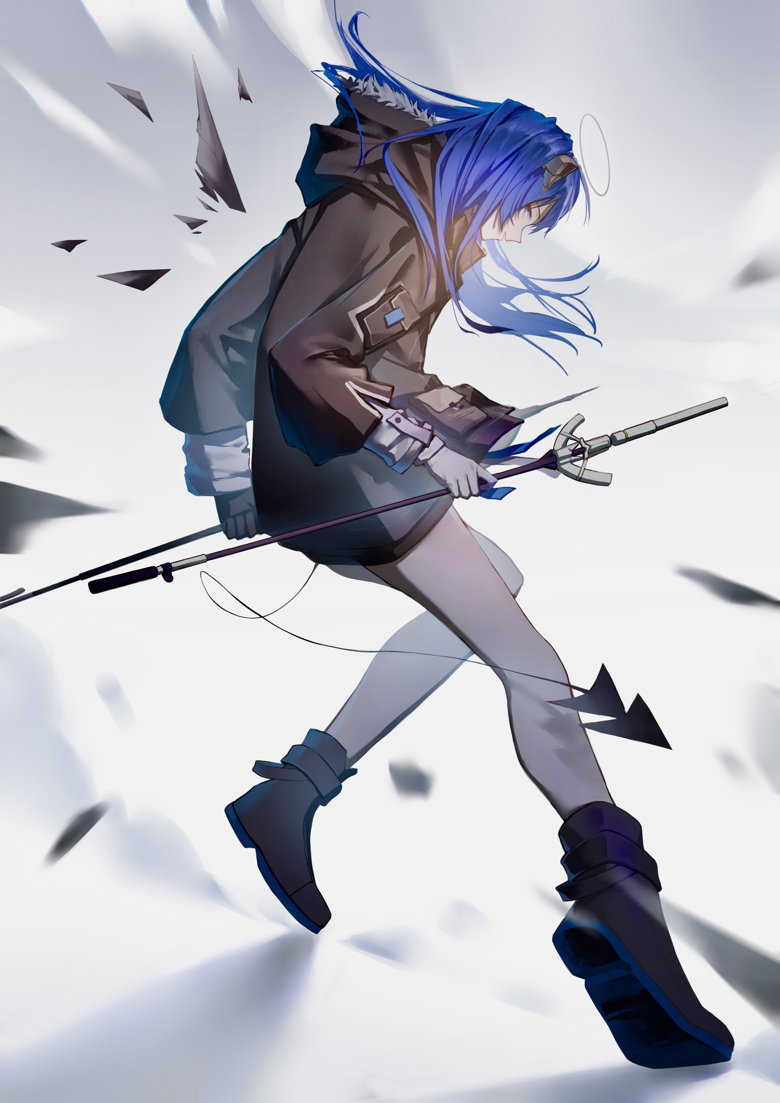 mostima (arknights), arknights, absurdres, chinese commentary, commentary request, highres, 1girl, black boots, black jacket, blue hair, boots, demon tail, full body, halo, hood, hood down, hooded jacket, horns, jacket, long hair, solo, tail, yuuu (chixulixianing)