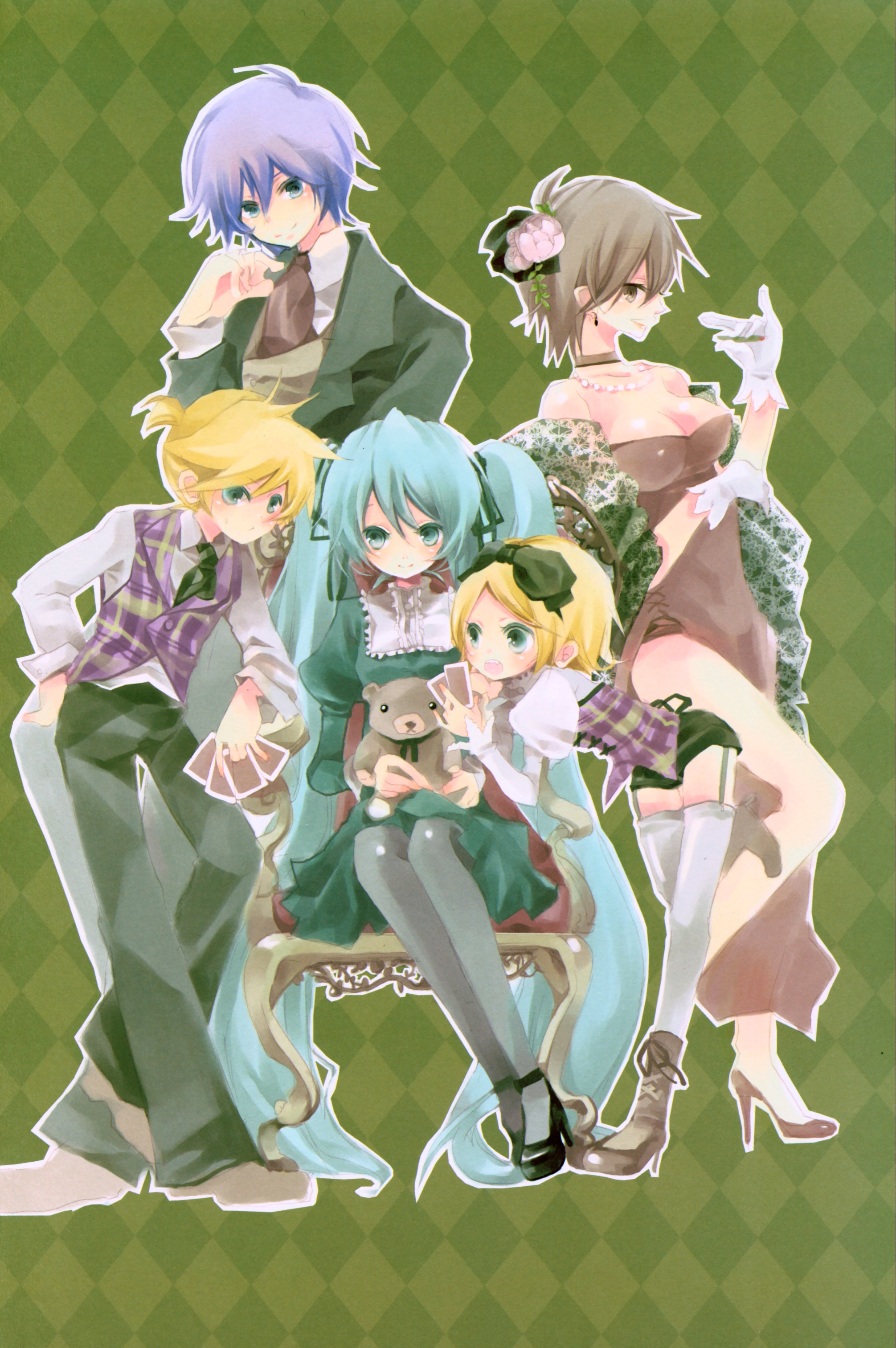 shimeko, hatsune miku, kagamine len, kagamine rin, kaito (vocaloid), meiko (vocaloid), vocaloid, absurdres, highres, 2boys, 3girls, aqua eyes, aqua hair, argyle background, argyle clothes, bent over, blonde hair, blue eyes, blue hair, blush, breasts, brown eyes, brown hair, card, choker, cigarette, cleavage, dress, earrings, flower, formal clothes, garter belt, gloves, hair flower, hair ornament, hair ribbon, holding, holding card, jewelry, long hair, multiple boys, multiple girls, necktie, pantyhose, ponytail, ribbon, short hair, siblings, sitting, smile, stuffed animal, stuffed toy, teddy bear, thighhighs, twins, twintails, very long hair, vest, white gloves, zettai ryouiki