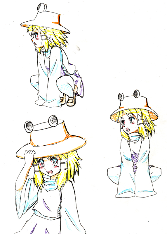 h-new, moriya suwako, touhou, traditional media, 1girl, blonde hair, blush, color trace, female focus, hand on headwear, hat, loafers, long sleeves, production art, reference sheet, shoes, short hair, sketch, sleeves past wrists, smile, squatting, wide sleeves