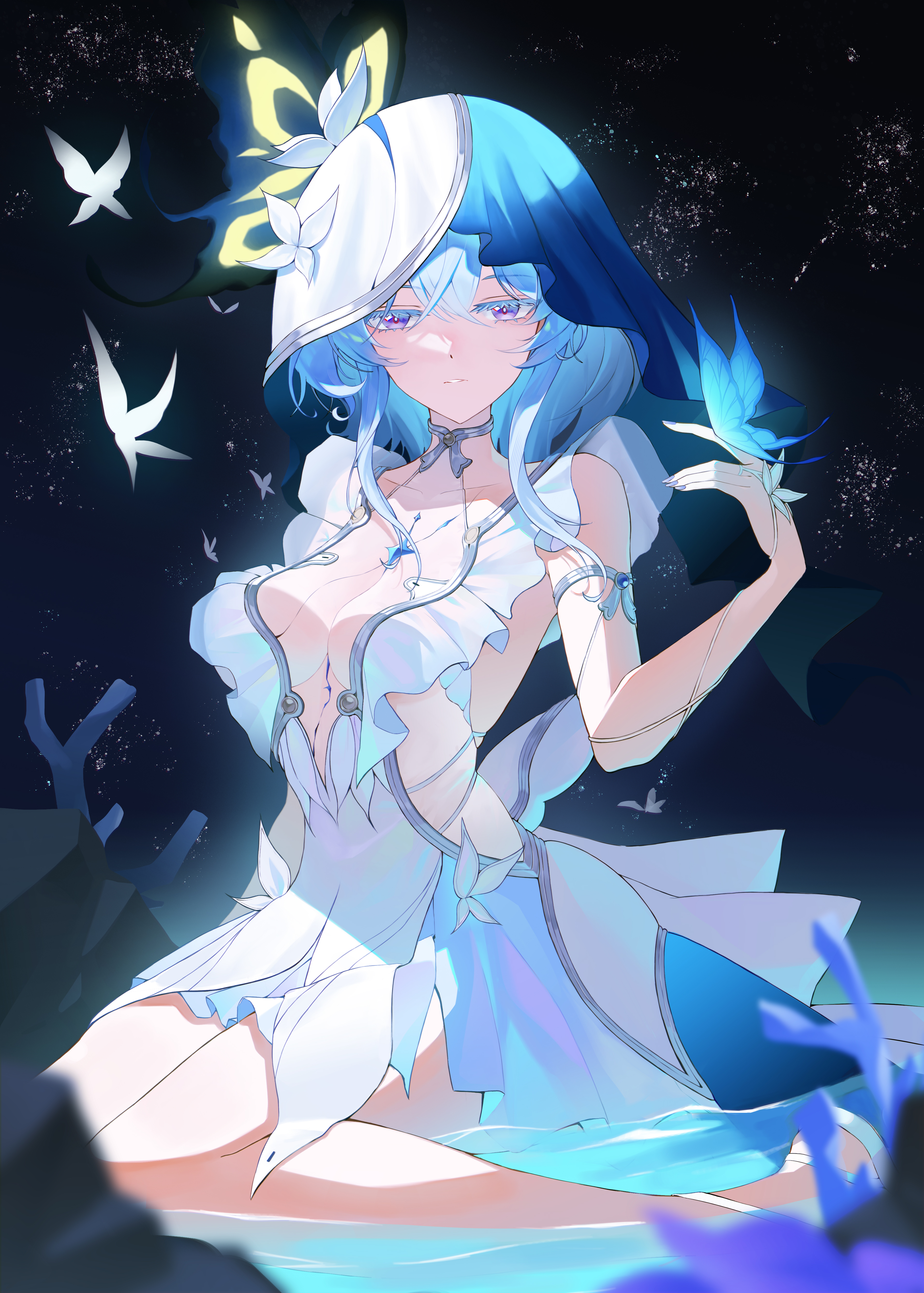looming, shorekeeper (wuthering waves), wuthering waves, absurdres, commentary, highres, 1girl, armlet, black sky, blue butterfly, blue dress, blue hair, blue veil, breasts, bug, butterfly, butterfly on hand, colored eyelashes, dress, insect, jewelry, large breasts, long hair, looking at viewer, night, night sky, outdoors, parted lips, purple eyes, sitting, sky, sleeveless, sleeveless dress, solo, star (sky), starry sky, thighs, two-tone veil, veil, white veil