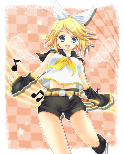 nanatomi yuki, kagamine rin, vocaloid, 1girl, blonde hair, blue eyes, female focus, hair ornament, hair ribbon, hairclip, headphones, headset, midriff, musical note, ribbon, short hair, shorts, smile, solo