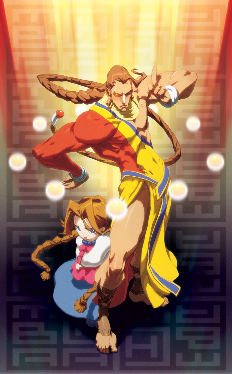 chamba, anita (darkstalkers), donovan baine, capcom, darkstalkers, highres, barefoot, beads, blue eyes, braid, dark skin, doll, facial mark, forehead mark, heterochromia, prayer beads, single braid