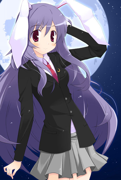 mizuki hotaru (artist), reisen udongein inaba, touhou, 1girl, animal ears, blazer, female focus, jacket, long hair, moon, outdoors, rabbit ears, skirt, sky, solo, very long hair
