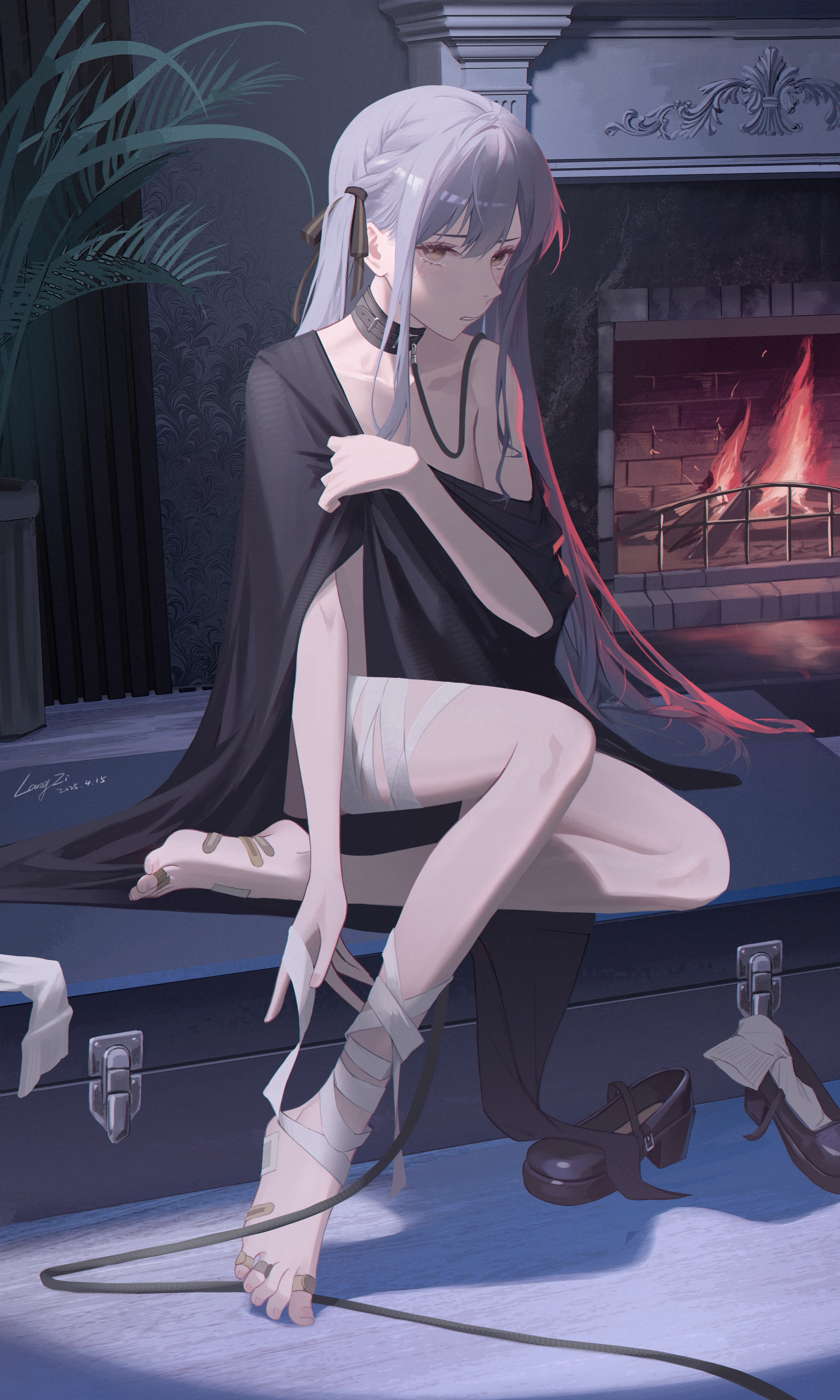 roundschen, togawa sakiko, bang dream!, bang dream! it's mygo!!!!!, absurdres, chinese commentary, commentary request, highres, partial commentary, 1girl, bandaged leg, bandages, bandaid, bandaid on foot, barefoot, black collar, black ribbon, blue hair, braid, collar, dated, fireplace, hair ribbon, leash, long hair, loose bandages, ribbon, shoes, sidelocks, signature, sitting, solo, unworn shoes