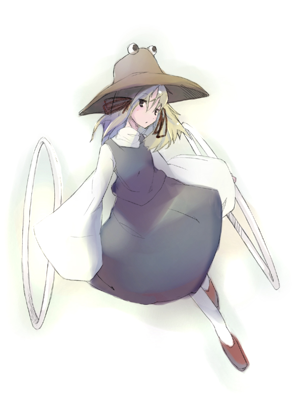 takanashi akihito, moriya suwako, touhou, 1girl, blonde hair, blue dress, dress, extra eyes, female focus, hat, head tilt, jewelry, long sleeves, looking at viewer, ring, simple background, solo, sweater, white background