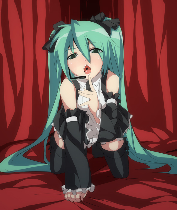 date (senpen), hatsune miku, vocaloid, all fours, alternate costume, aqua eyes, aqua hair, blush, detached sleeves, hair ribbon, headset, long hair, open mouth, ribbon, skirt, solo, thighhighs, twintails, very long hair