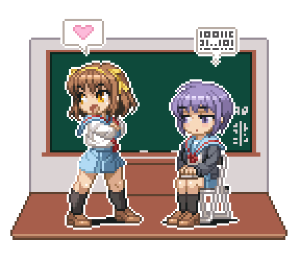 takoyaki neko-san, nagato yuki, suzumiya haruhi, suzumiya haruhi no yuuutsu, lowres, 00s, 2girls, binary, brown hair, cardigan, chair, chalkboard, hairband, heart, multiple girls, pixel art, purple eyes, purple hair, school uniform, serafuku, sitting, speech bubble, spoken heart, yellow eyes