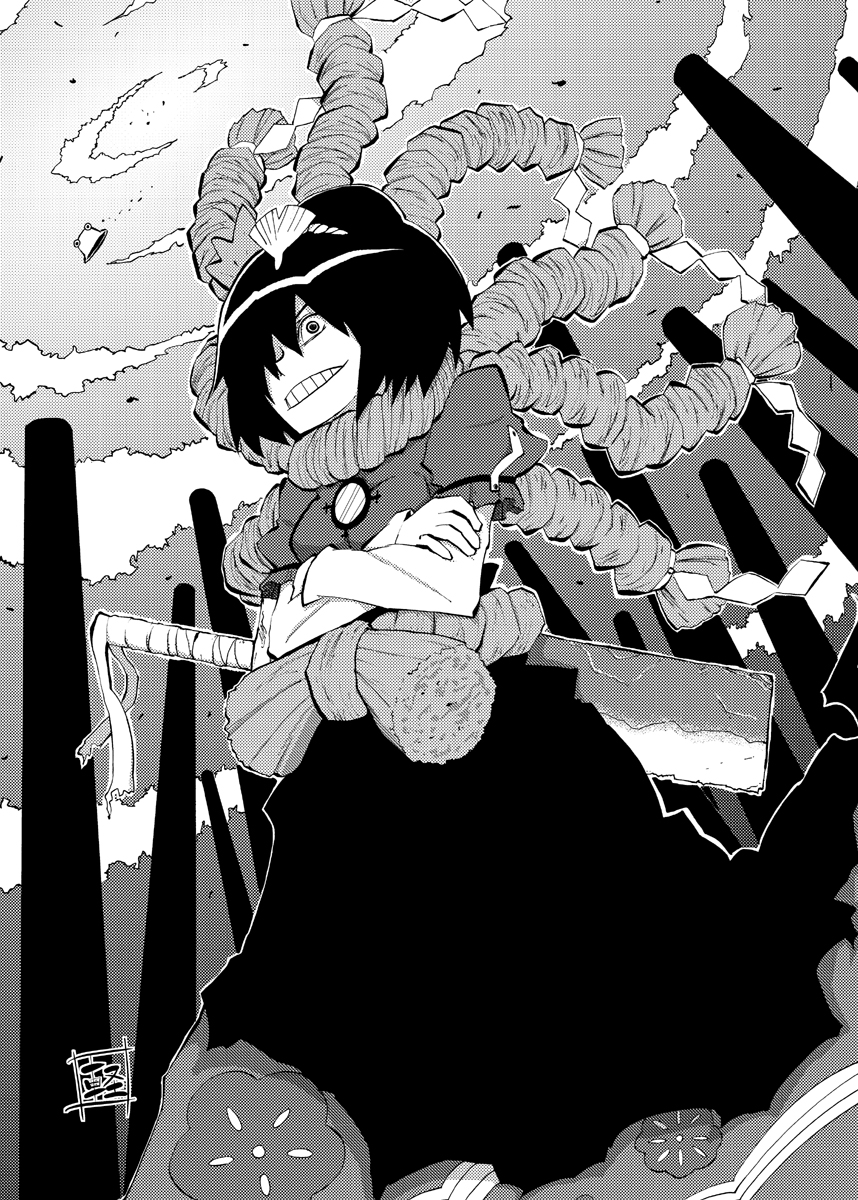 karu (ishiken), yasaka kanako, tengen toppa gurren lagann, touhou, highres, 1girl, cleaver, crossed arms, female focus, gradient background, greyscale, grin, hair ornament, hair over one eye, monochrome, onbashira, outdoors, parody, rope, scarf, skirt, sky, smile, solo