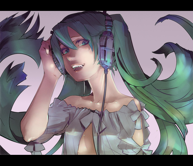 stregoicavar, hatsune miku, vocaloid, 1girl, aqua eyes, aqua hair, female focus, gradient background, headphones, letterboxed, smile, solo, twintails