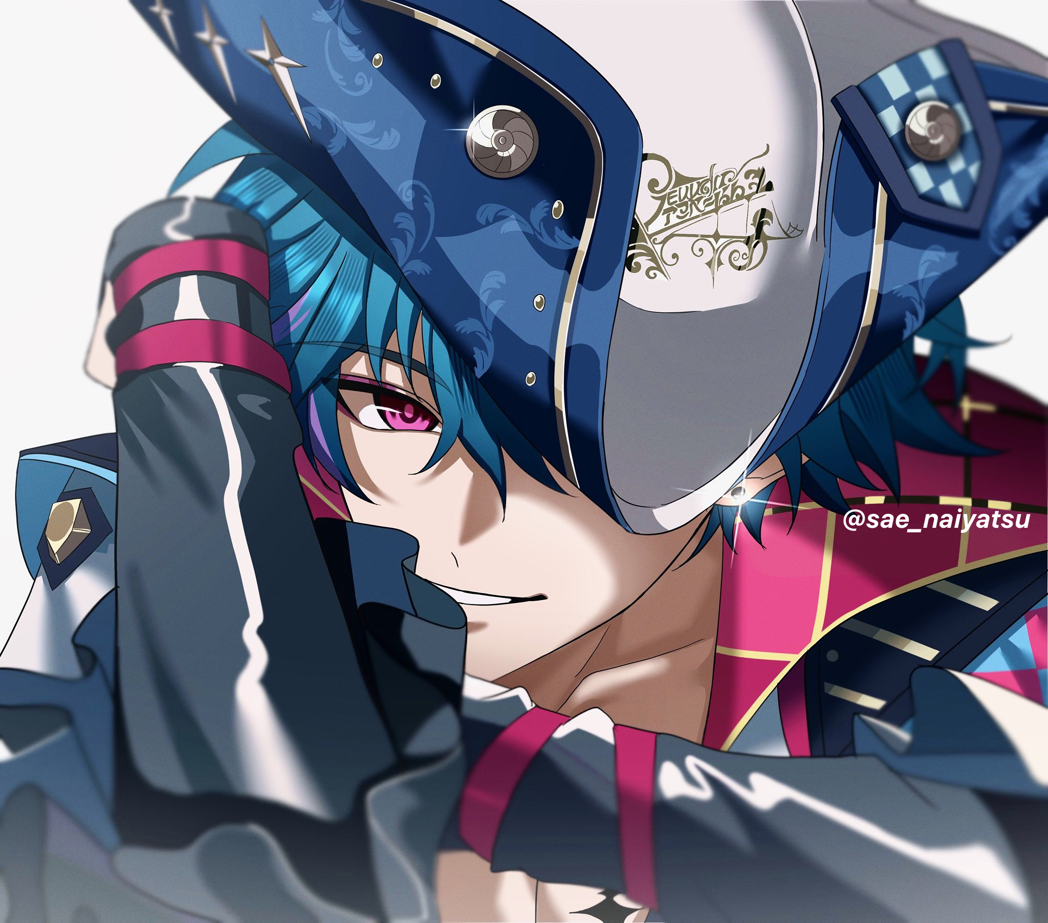 brant (wuthering waves), commentary, highres, 1boy, blue hair, collarbone, grey background, hair between eyes, hand up, hat, looking at viewer, male focus, multicolored hair, parted lips, pink eyes, portrait, sae naiyatsu, simple background, smile, solo, streaked hair, tacet mark (wuthering waves), tricorne, twitter username