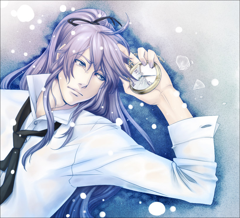 yunaga 5 00, kamui gakupo, vocaloid, 1boy, bishounen, blue eyes, hair ribbon, long hair, lying, male focus, necktie, pocket watch, ponytail, purple hair, ribbon, snow, solo, tears, watch