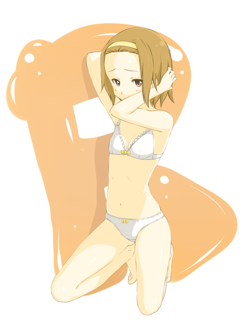 hamao, tainaka ritsu, k-on!, 00s, 1girl, armpits, bare legs, barefoot, bra, female focus, flat chest, hairband, kneeling, lingerie, navel, panties, short hair, shy, solo, squatting, tiptoes, underwear, underwear only, white panties