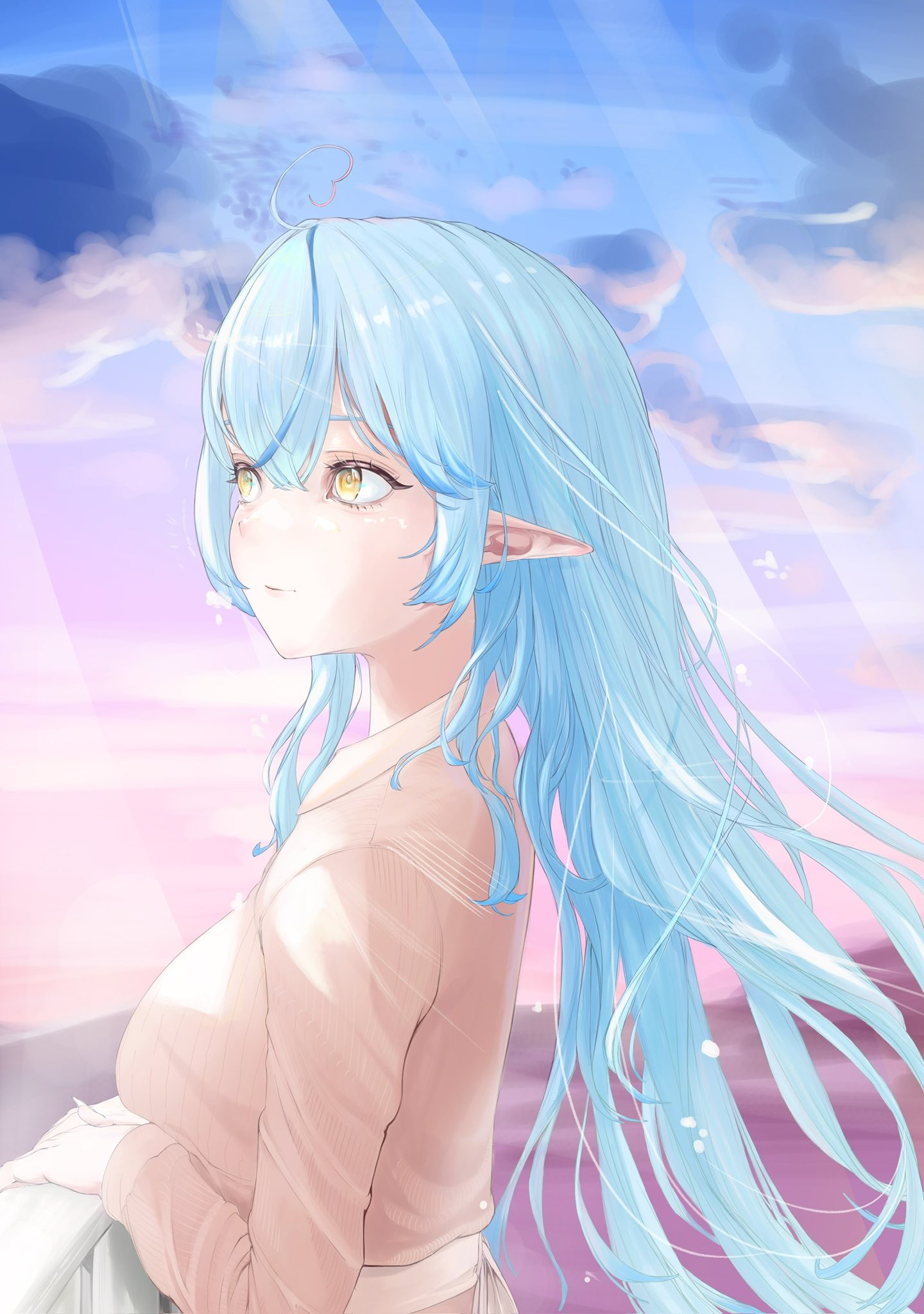 yukihana lamy, hololive, hashtag-only commentary, highres, 1girl, ahoge, blue hair, breasts, closed mouth, edge ill, hair between eyes, heart, heart ahoge, large breasts, long hair, multicolored hair, pointy ears, shirt, solo, streaked hair, upper body, virtual youtuber, yellow eyes, yellow shirt