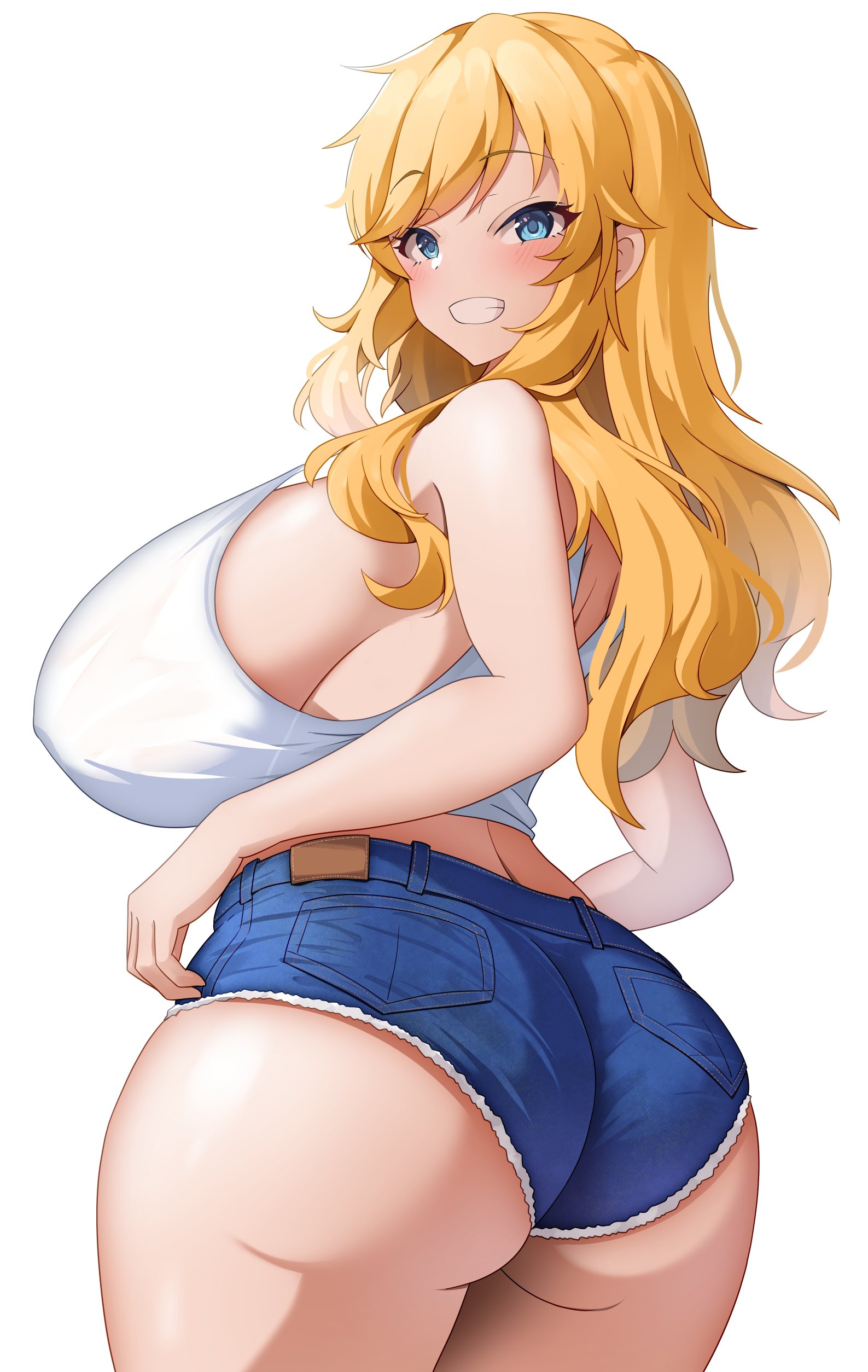 satoyama meu, ohtsuki yui, idolmaster, idolmaster cinderella girls, absurdres, commentary request, highres, 1girl, ass, bare arms, blonde hair, blue eyes, blue shorts, blush, breasts, curvy, denim, huge breasts, long hair, looking at viewer, shirt, short shorts, shorts, sideboob, sidelocks, simple background, sleeveless, sleeveless shirt, solo, standing, white background, white shirt