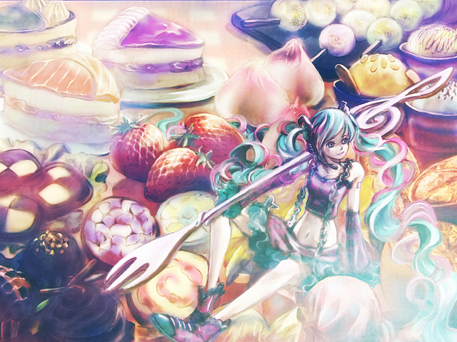 so-da, hatsune miku, project diva, project diva (series), vocaloid, bad id, 1girl, aqua eyes, aqua hair, cake, checkerboard cookie, cookie, cream, female focus, food, fork, fruit, headphones, headset, ice cream, in food, long hair, midriff, mini person, minigirl, multicolored hair, navel, pastry, pink hair, shoes, sitting, skirt, smile, solo, strawberry, twintails, very long hair, white hair