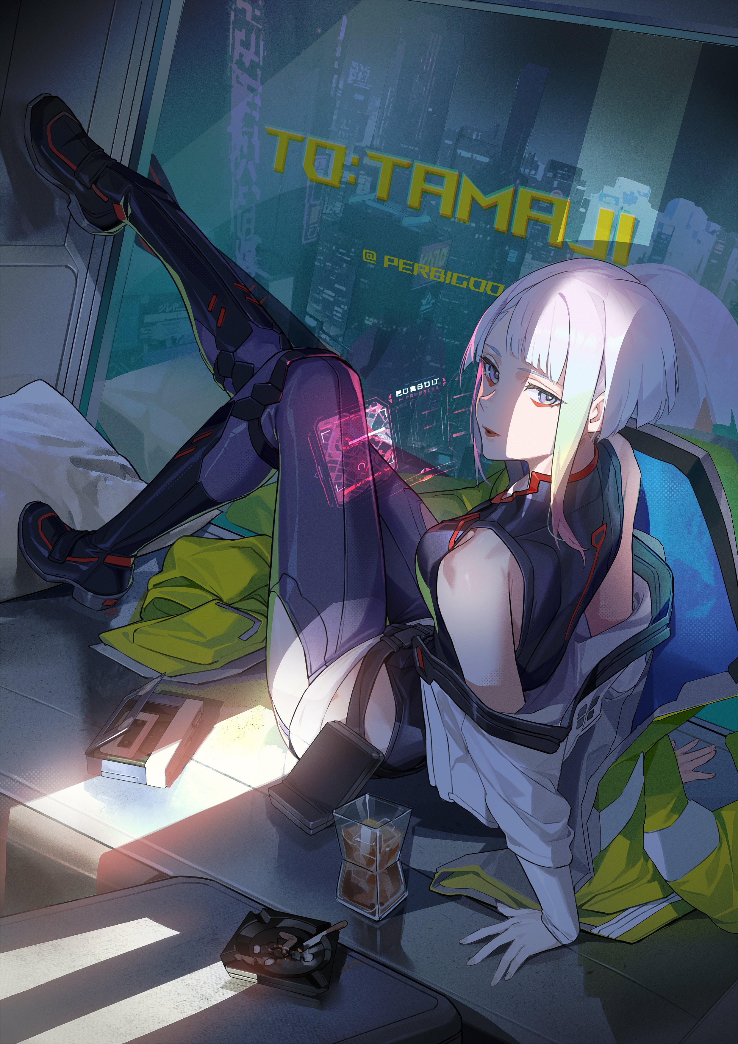 bigroll, lucy (cyberpunk), cyberpunk: edgerunners, cyberpunk (series), absurdres, highres, 1girl, alcohol, artist name, ashtray, asymmetrical sidelocks, bare shoulders, bed, beer, belt, belt pouch, black belt, black boots, black leotard, blonde hair, blue eyes, blunt bangs, bob cut, boots, breasts, building, cassette player, cigarette, cityscape, clothing cutout, cup, drinking glass, english text, eyeliner, foot against wall, glass, glass wall, gradient hair, green eyes, green hair, hands on bed, highleg, highleg leotard, hologram, holographic monitor, ice, indoors, jacket, jacket partially removed, leotard, lips, looking at viewer, makeup, medium breasts, monitor, multicolored eyes, multicolored hair, on bed, parted lips, pillow, pink hair, pouch, purple hair, purple thighhighs, red eyeliner, red eyes, red lips, sash, short hair, sidelocks, signature, sitting, sleeveless, solo, striped clothes, striped jacket, striped leotard, thighhighs, thighhighs under boots, unworn jacket, vertical-striped clothes, vertical-striped leotard, waist sash, white hair, white jacket, white sash, yellow jacket