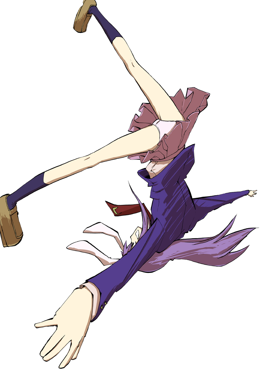 karu (ishiken), reisen udongein inaba, touhou, light purple hair, highres, 1girl, animal ears, female focus, from behind, grin, necktie, panties, pantyshot, pink panties, rabbit ears, simple background, skirt, smile, solo, underwear, upside-down, white background