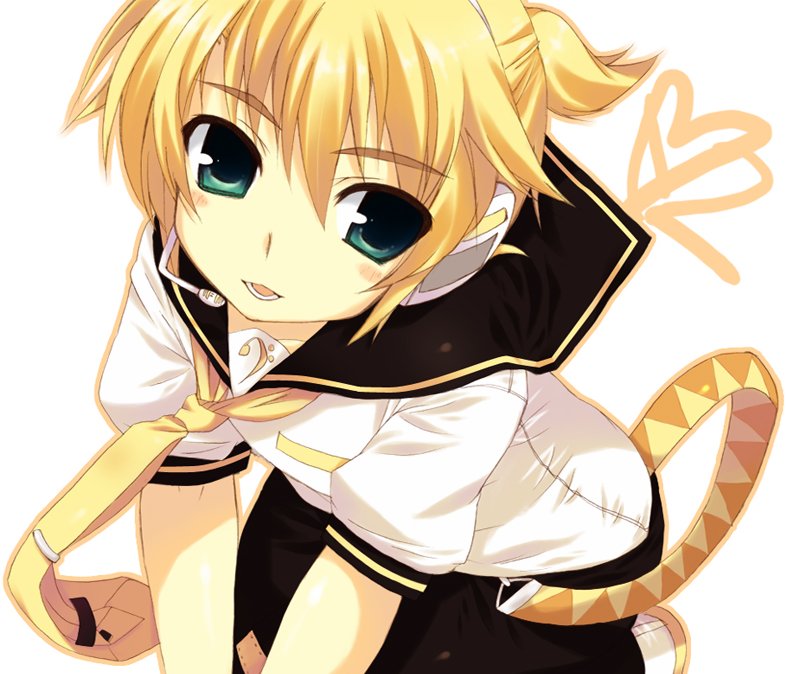 enomoto hina, hinacoco, kagamine len, vocaloid, bad id, bad pixiv id, 1boy, aqua eyes, blonde hair, headphones, headset, male focus, necktie, short hair, simple background, smile, solo, yellow necktie