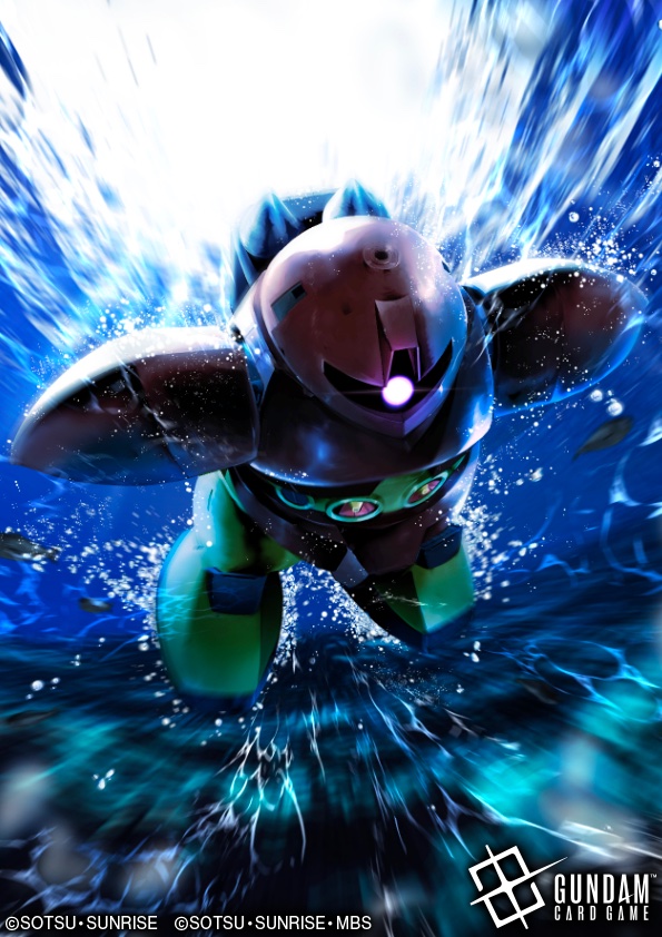 kaeru dx, gogg, gundam, mobile suit gundam, official art, copyright logo, copyright name, copyright notice, glowing, glowing eye, gundam card game, logo, mecha, mecha focus, mobile suit, no humans, one-eyed, pink eyes, robot, science fiction, solo, underwater, zeon