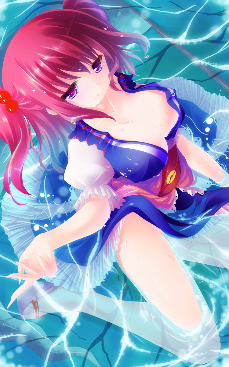 hinasaki you, onozuka komachi, touhou, highres, 1girl, breasts, cleavage, clog sandals, female focus, hair bobbles, hair ornament, large breasts, okobo, platform sandals, red eyes, red hair, sandals, scythe, short hair, solo, twintails, two side up, wading, water
