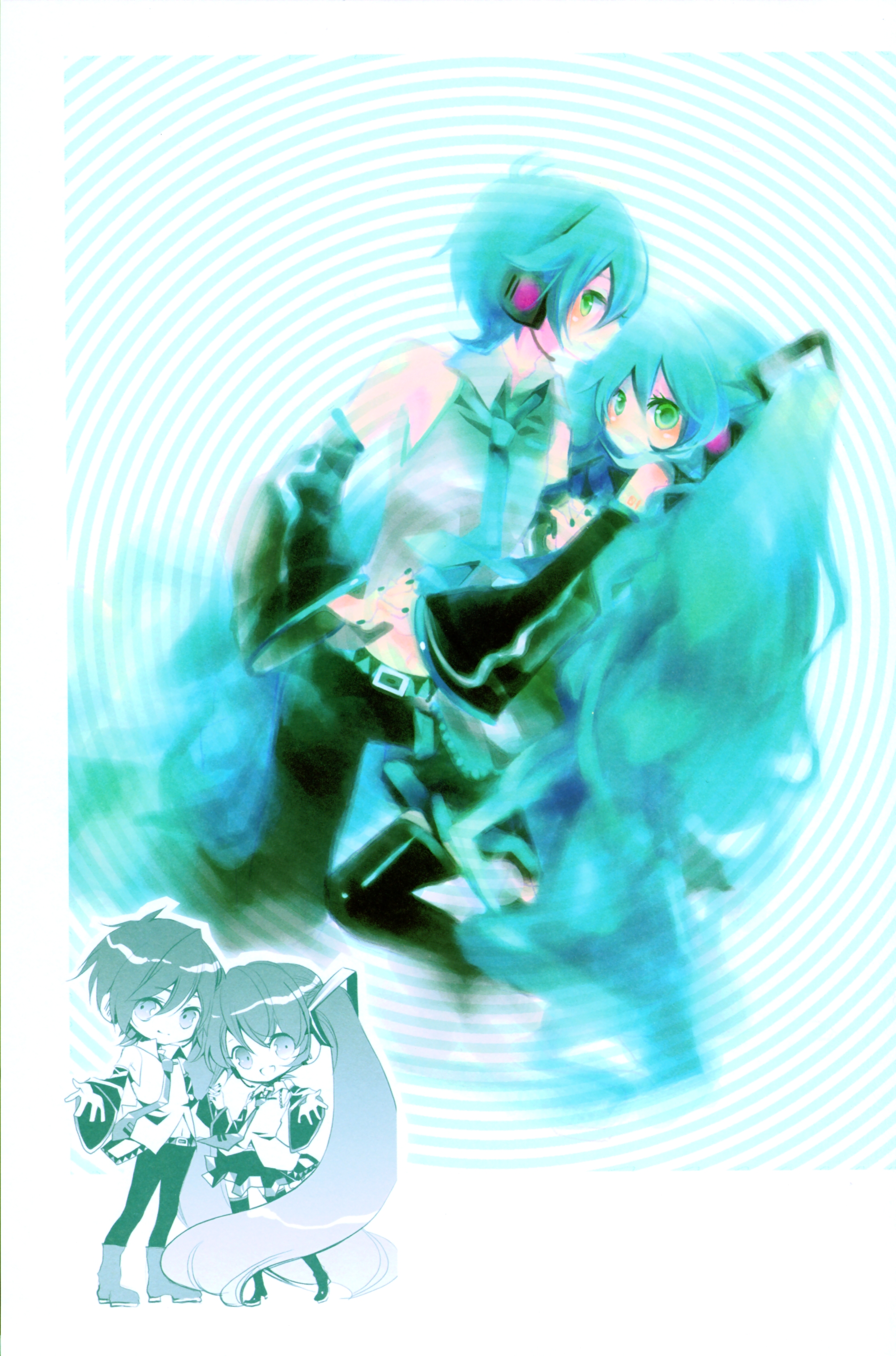 shimeko, hatsune miku, hatsune mikuo, vocaloid, absurdres, highres, painting (medium), scan, traditional media, watercolor (medium), 1boy, 1girl, aqua hair, bare shoulders, belt, blush, chibi, couple, genderswap, genderswap (ftm), green eyes, headphones, headset, hetero, long hair, nail polish, necktie, skirt, thighhighs, twintails, very long hair, zettai ryouiki