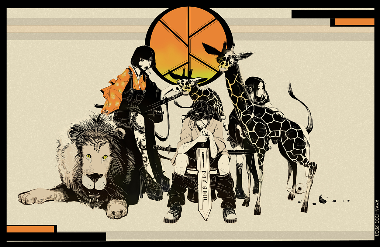 kyan-dog, original, commentary, :p, clothes pull, giraffe, hat, japanese clothes, katana, lion, pants, pants pull, school uniform, serafuku, short hair, sitting, sunglasses, sword, tattoo, toilet, toilet paper, tongue, tongue out, weapon, yin yang, yin yang tattoo