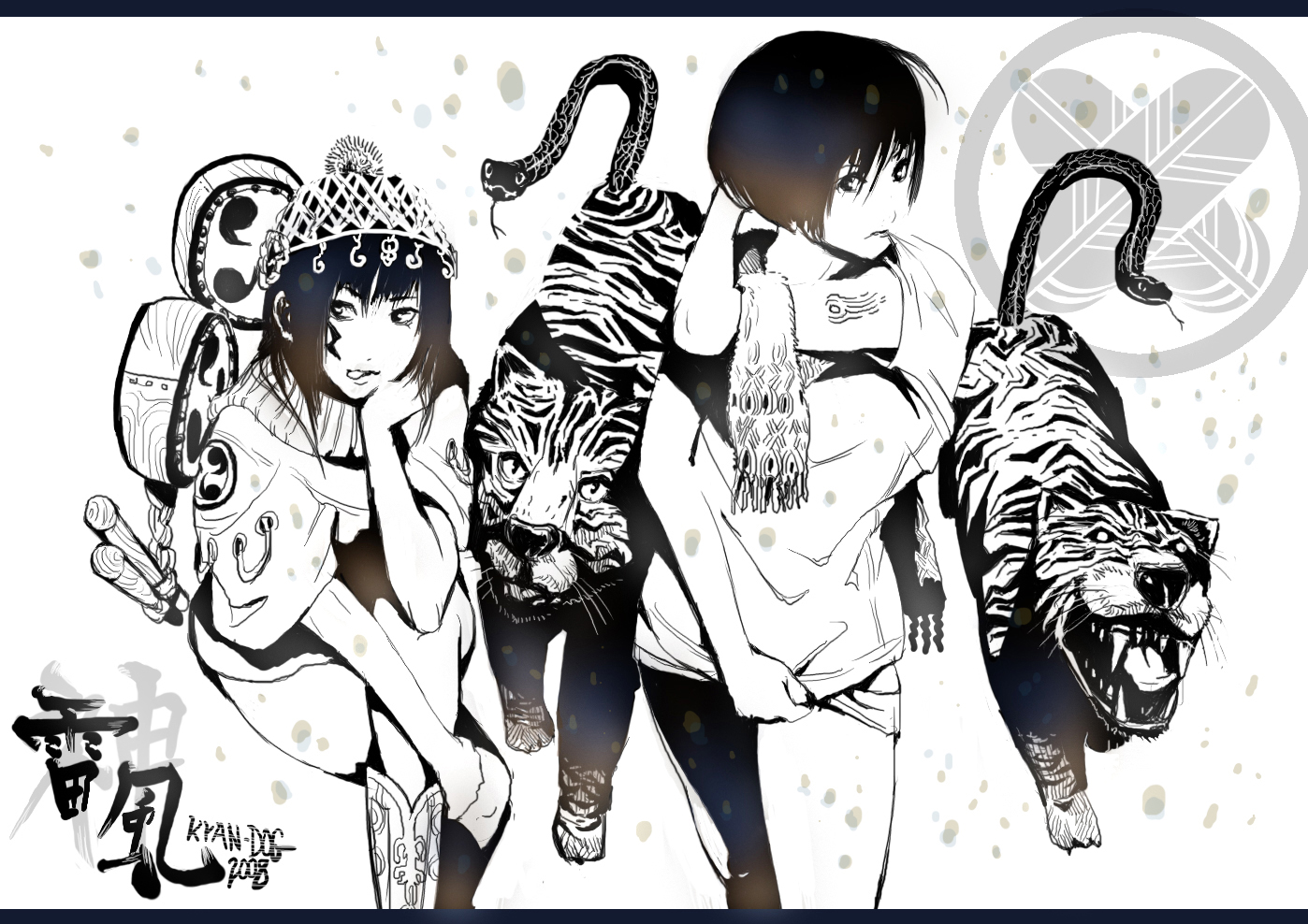 kyan-dog, original, commentary, 2girls, :p, bob cut, boots, covering privates, greyscale, hat, monochrome, multiple girls, scarf, sitting, snake, tattoo, tiger, tongue, tongue out