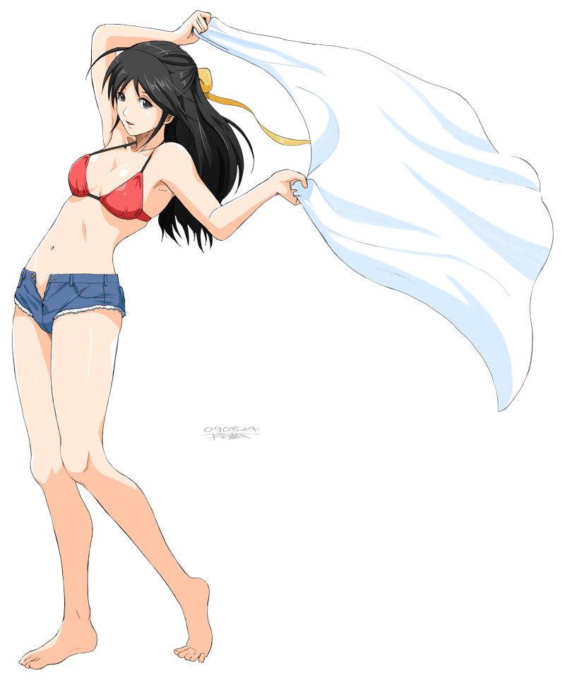 ryouzou, original, 1girl, armpits, barefoot, bikini, bikini top only, black hair, bow, denim, denim shorts, feet, female focus, grey eyes, hair bow, legs, long hair, looking at viewer, navel, open fly, red bikini, ribbon, short shorts, shorts, signature, simple background, solo, standing, swimsuit, toes, unbuttoned, unzipped