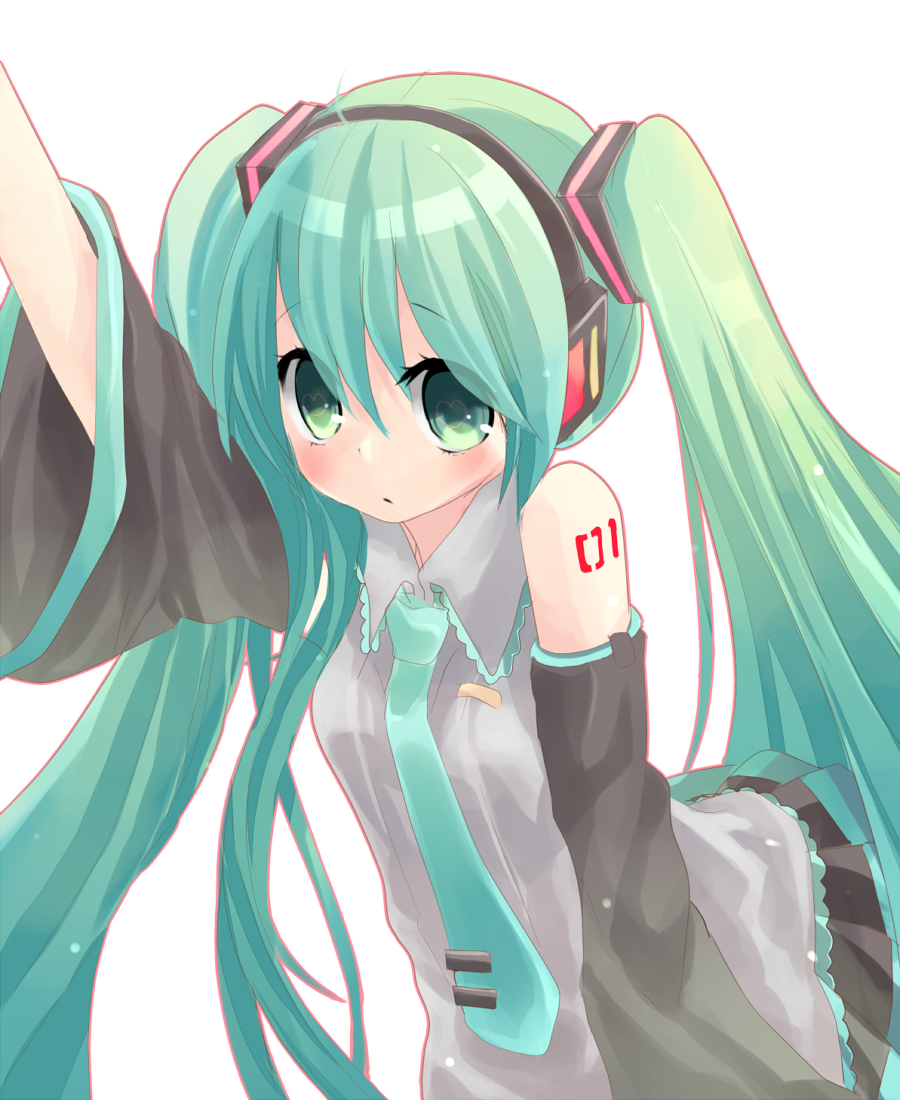 sahana ito, hatsune miku, vocaloid, bad id, bad pixiv id, 1girl, aqua eyes, aqua hair, blush, detached sleeves, female focus, headphones, long hair, necktie, simple background, skirt, solo, twintails, white background