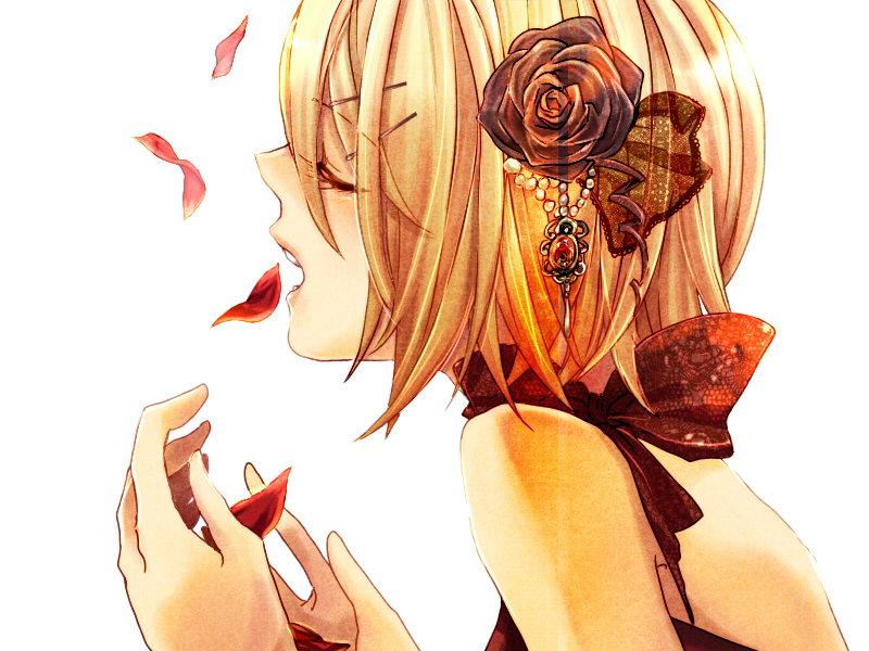 ui (rot), kagamine rin, la fiesta (vocaloid), vocaloid, 1girl, blonde hair, close-up, closed eyes, female focus, flower, hair ornament, hair ribbon, hairclip, open mouth, ribbon, rose, short hair, simple background, solo, white background