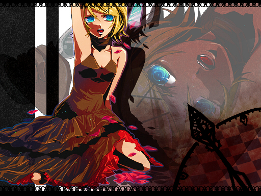 ui (rot), kagamine rin, la fiesta (vocaloid), vocaloid, 1girl, blonde hair, blue eyes, dress, female focus, hair ornament, hairclip, petals, ribbon, solo