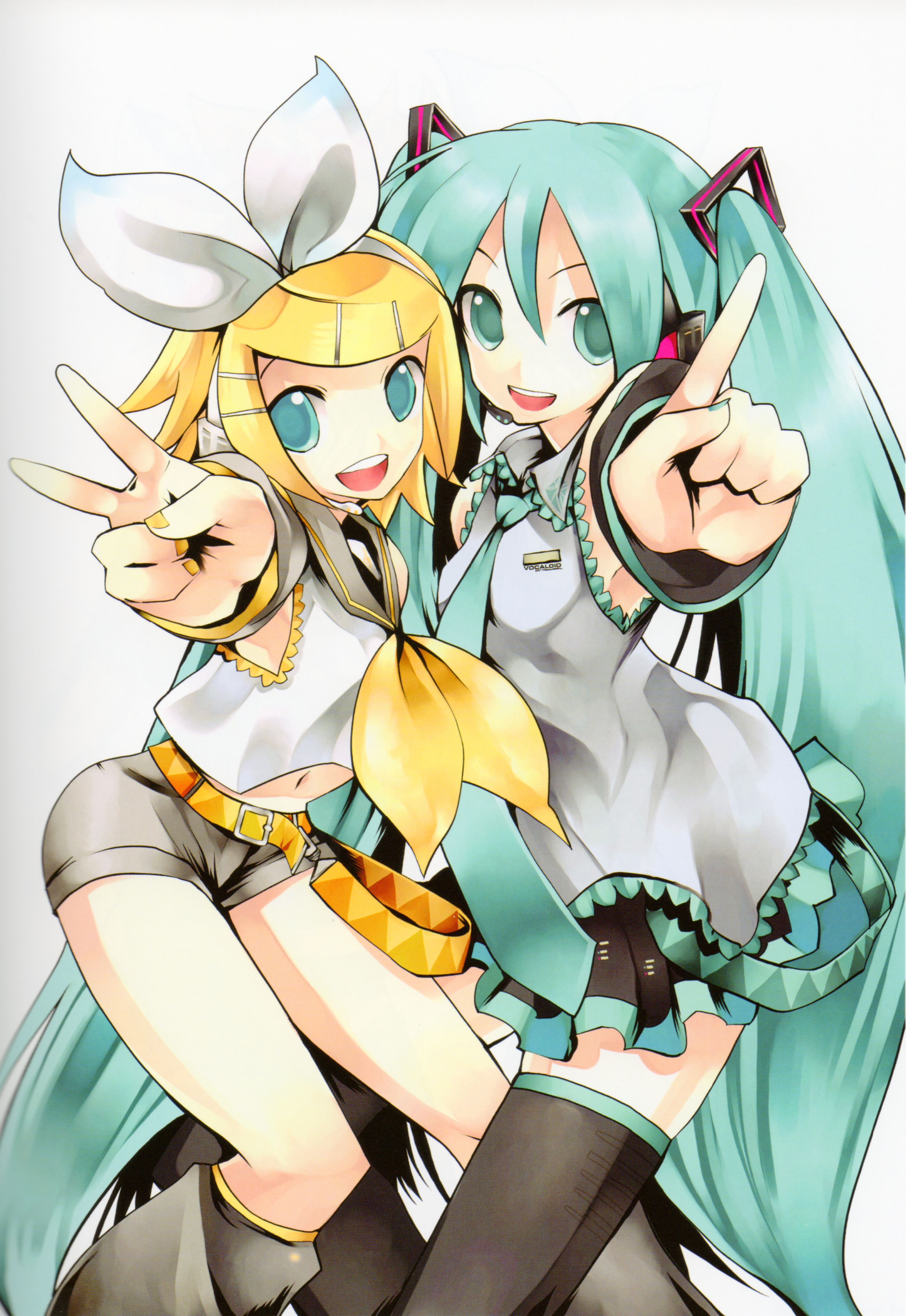 kei (keigarou), hatsune miku, kagamine rin, vocaloid, absurdres, highres, 2girls, aqua eyes, aqua hair, aqua nails, belt, blonde hair, blue eyes, detached sleeves, hair ornament, hair ribbon, hairclip, headphones, headset, long hair, midriff, multiple girls, nail polish, necktie, ribbon, sailor collar, school uniform, short hair, shorts, skirt, smile, thighhighs, twintails, v, very long hair, yellow nails, zettai ryouiki