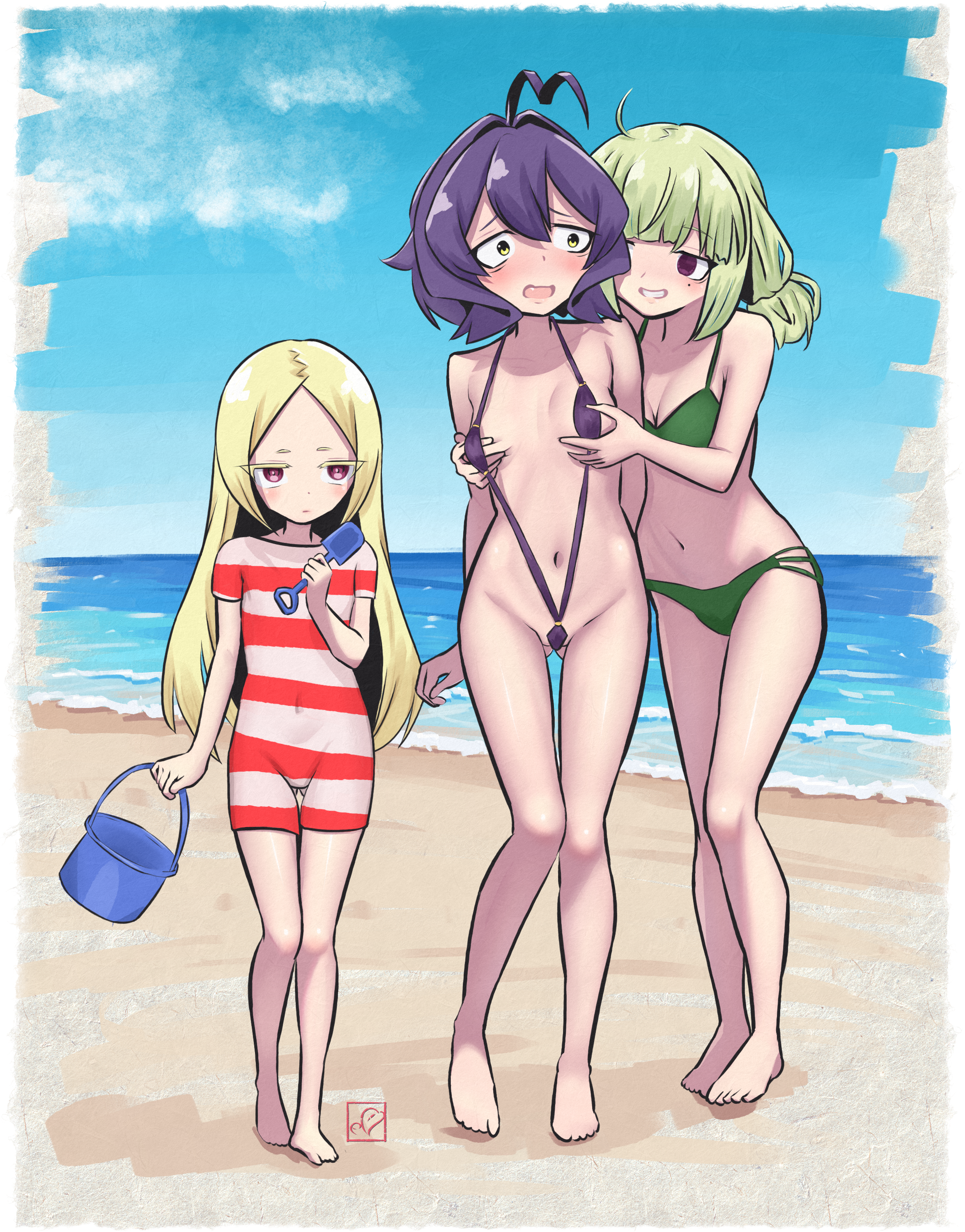 elementary (lolipope), araga kiwi, hiiragi utena, morino korisu, mahou shoujo ni akogarete, absurdres, commentary, highres, 3girls, barefoot, beach, bikini, blonde hair, blue sky, border, breasts, bucket, closed mouth, constricted pupils, covered navel, flat chest, full body, grabbing another's breast, green bikini, green hair, grin, groin, groping, holding, holding bucket, holding trowel, multiple girls, navel, ocean, one-piece swimsuit, open mouth, outdoors, parted lips, purple eyes, purple hair, purple slingshot swimsuit, red one-piece swimsuit, short hair, sky, slingshot swimsuit, small breasts, smile, standing, striped clothes, striped one-piece swimsuit, swimsuit, thick eyelashes, toes, transparent border, trowel, twintails, yellow eyes, yuri