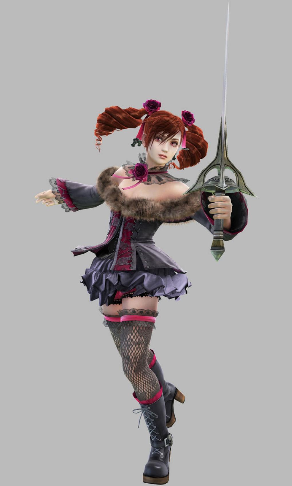 amy sorel, soul calibur, soulcalibur, soulcalibur iv, fur, highres, jpeg artifacts, official art, 1girl, 3d, bare shoulders, boots, choker, detached sleeves, dress, drill hair, female focus, fishnet thighhighs, fishnets, flat chest, flower, fur trim, gothic lolita, lace, lolita fashion, rapier, red eyes, red hair, rose, short twintails, solo, sword, thighhighs, twintails, weapon
