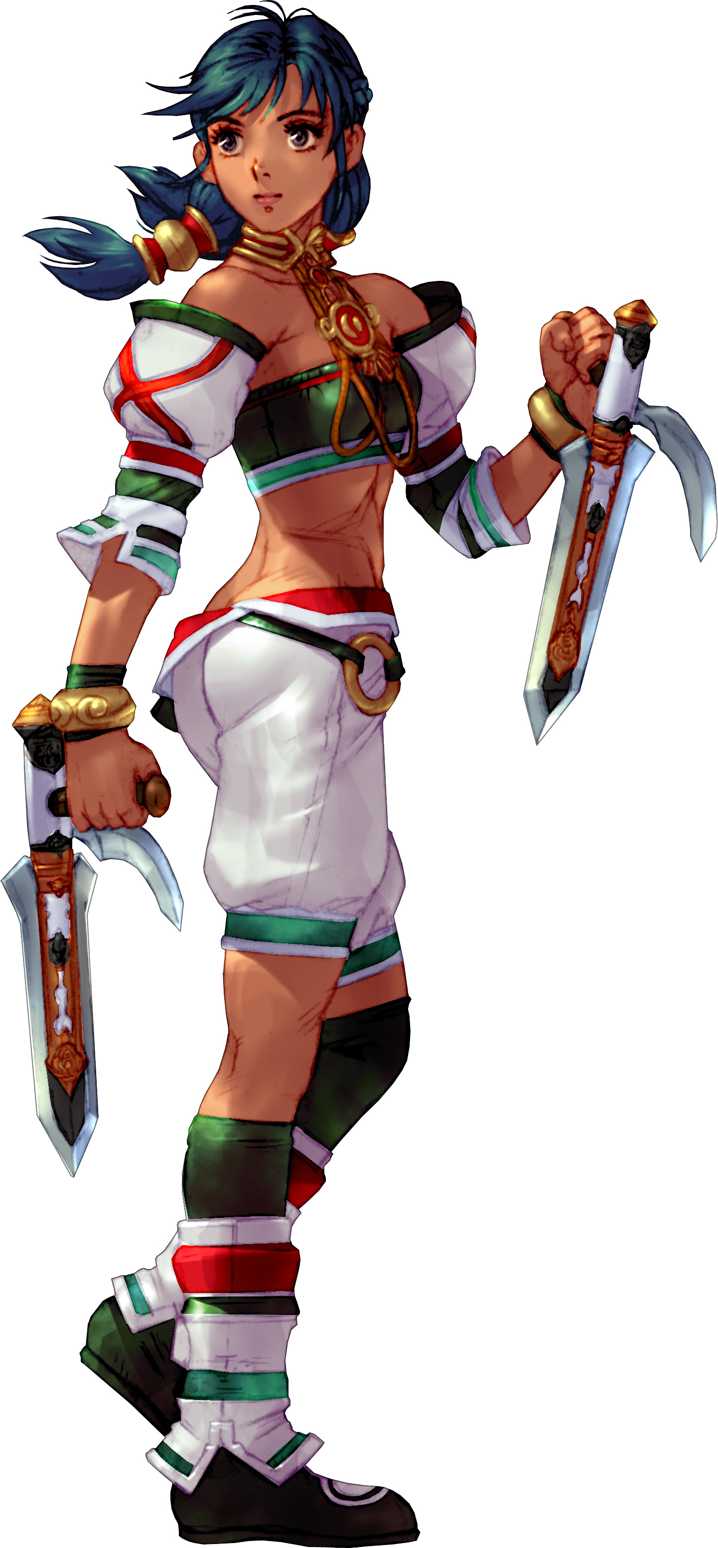 kawano takuji, talim, soul calibur, soulcalibur, soulcalibur ii, absurdres, highres, official art, 1girl, ass, black hair, bladed tonfa, braid, brown eyes, butt crack, dark-skinned female, dark skin, detached sleeves, female focus, flat chest, jewelry, necklace, solo, tonfa, twintails, weapon