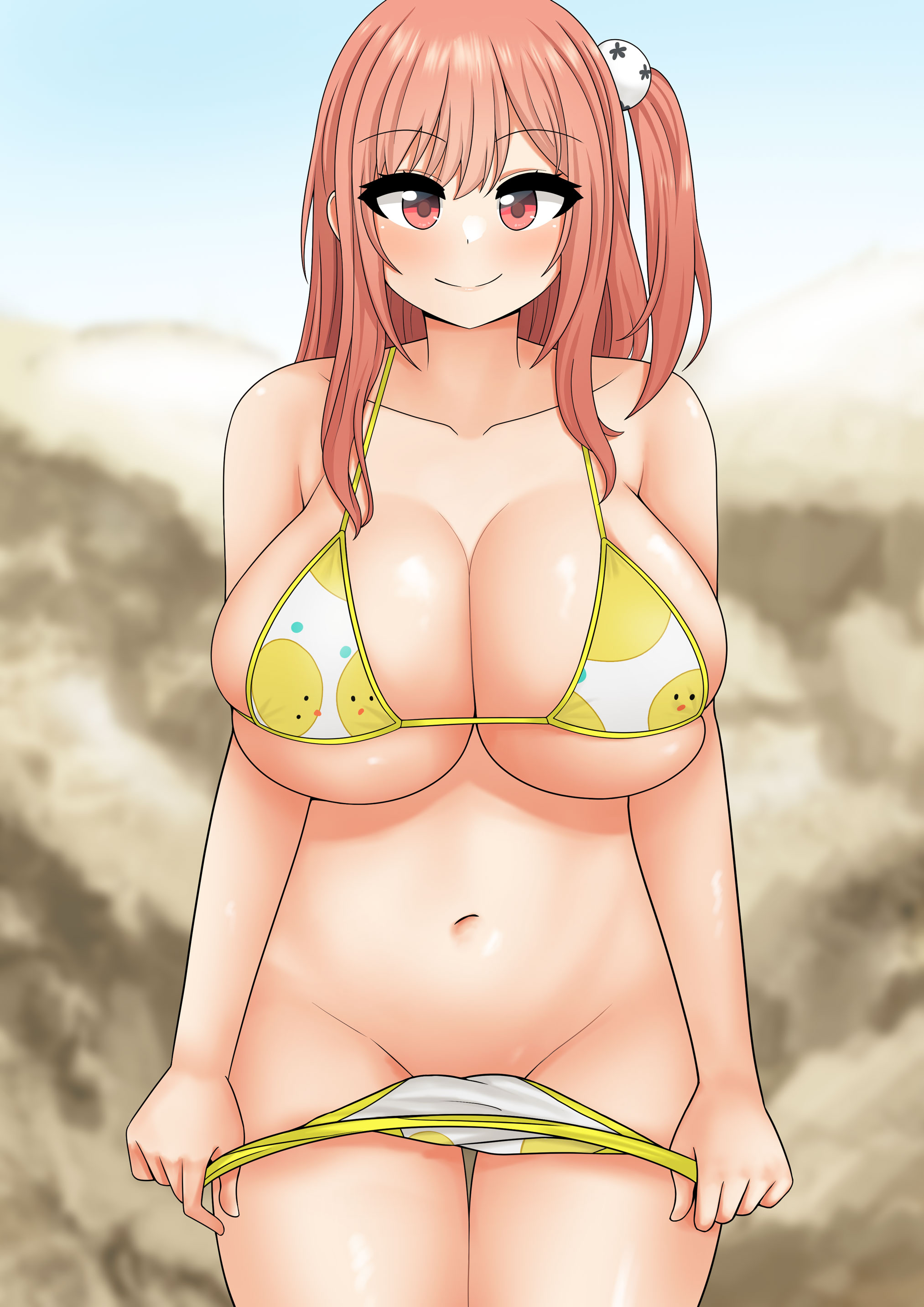 the only shoe, honoka (doa), honoka (summer angel on the shore) (doa), azur lane, dead or alive, absurdres, commentary, highres, 1girl, bare shoulders, bikini, bikini bottom lift, blue sky, blurry, blurry background, blush, breasts, chick print, cleavage, closed mouth, collarbone, day, groin, hair between eyes, hair ornament, huge breasts, lifting own clothes, long hair, looking at viewer, multicolored bikini, navel, one side up, outdoors, pink eyes, pink hair, pink lips, print bikini, rock, skindentation, skull hair ornament, sky, smile, solo, stomach, swimsuit, thighs, two-tone bikini, white bikini, yellow bikini