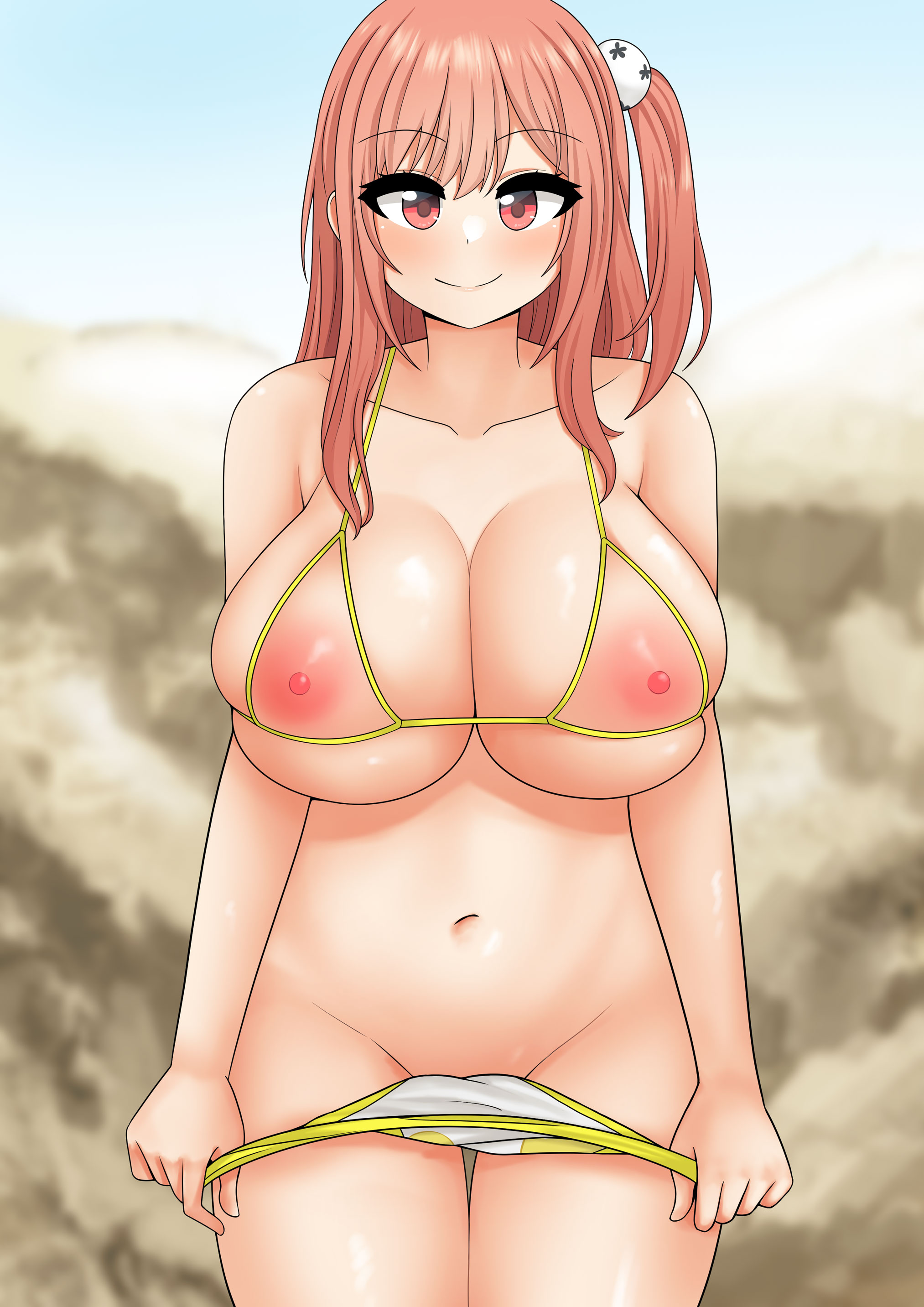 the only shoe, honoka (doa), honoka (summer angel on the shore) (doa), azur lane, dead or alive, absurdres, commentary, highres, 1girl, bare shoulders, bikini, bikini bottom lift, blue sky, blurry, blurry background, blush, breasts, cleavage, closed mouth, collarbone, cupless bikini, day, groin, hair between eyes, hair ornament, huge breasts, lifting own clothes, long hair, looking at viewer, multicolored bikini, navel, nipples, one side up, outdoors, pink eyes, pink hair, pink lips, rock, skindentation, skull hair ornament, sky, smile, solo, stomach, swimsuit, thighs, two-tone bikini, white bikini, yellow bikini