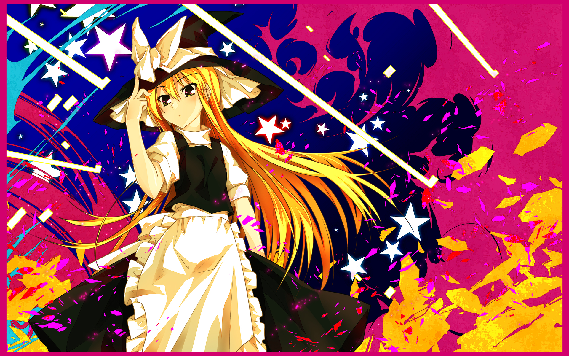 sazanami mio, kirisame marisa, touhou, highres, 1girl, blonde hair, female focus, hat, long hair, solo, witch, witch hat, yellow eyes