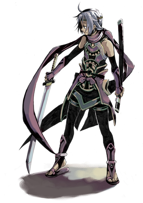 freyjadour falenas, gensou suikoden, gensou suikoden v, silver hair, 1boy, bare shoulders, elbow gloves, fingerless gloves, gloves, male focus, pantyhose, sandals, scarf, sheath, solo, sword, weapon