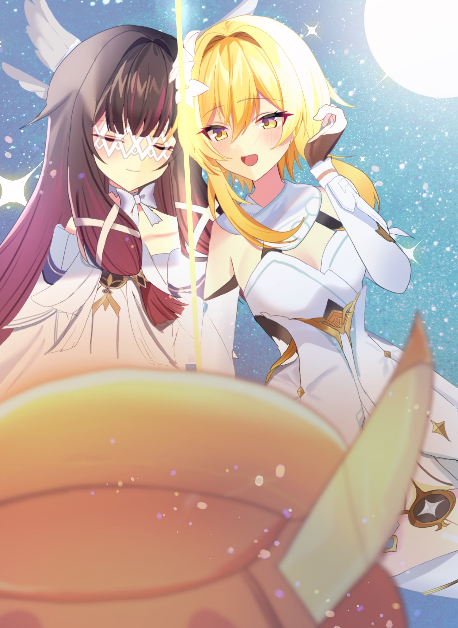 columbina (genshin impact), lumine (genshin impact), genshin impact, artist request, highres, 2girls, black hair, blonde hair, blue dress, closed eyes, colored inner hair, dress, eye mask, flower, hair flower, hair ornament, mask, multicolored hair, multiple girls, red hair, short hair with long locks, white dress, white mask, yellow eyes, yuri