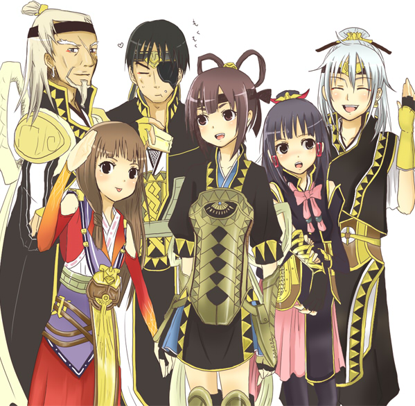 freyjadour falenas, galleon (suikoden), georg prime, lymsleia falenas, lyon (suikoden), miakis (suikoden), gensou suikoden, gensou suikoden v, silver hair, 3boys, 3girls, armor, beard, black eyes, black hair, blonde hair, blush, boots, brown eyes, brown hair, closed eyes, dress, eating, eyepatch, facial hair, fingerless gloves, food, gloves, long hair, multiple boys, multiple girls, pantyhose, purple eyes, purple hair, ribbon, scar, short hair, skirt, tongue