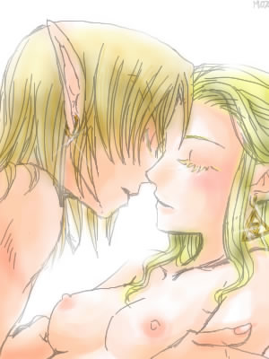 zelink, link, princess zelda, nintendo, the legend of zelda, the legend of zelda: ocarina of time, arm grab, lowres, 1boy, 1girl, bare shoulders, blonde hair, blush, breasts, closed eyes, couple, earrings, hetero, imminent kiss, jewelry, long hair, medium breasts, nipples, nude, pointy ears, short hair, upper body