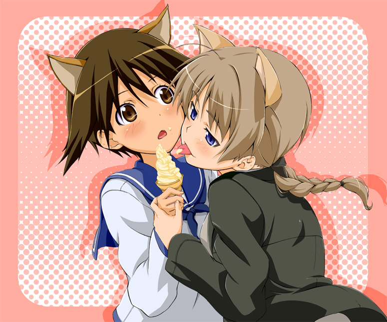 sashisu, lynette bishop, miyafuji yoshika, strike witches, world witches series, bad id, bad pixiv id, 00s, 2girls, animal ears, blue eyes, blush, braid, brown eyes, brown hair, cat ears, food, ice cream, long hair, multiple girls, school uniform, short hair, single braid, tongue