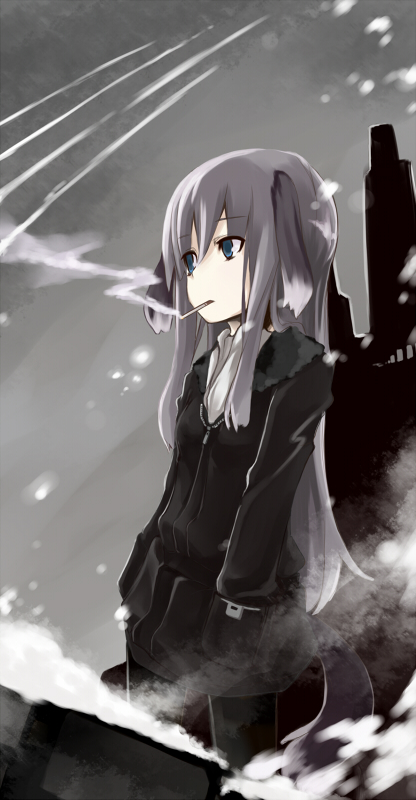sasaki kouhei, elizabeth f. beurling, strike witches, strike witches: suomus misfits squadron, world witches series, uniform, bad id, bad pixiv id, 00s, 1girl, animal ears, blue eyes, brown hair, cigarette, female focus, grey hair, hands in pockets, long hair, pantyhose, smoking, snow, solo, tail